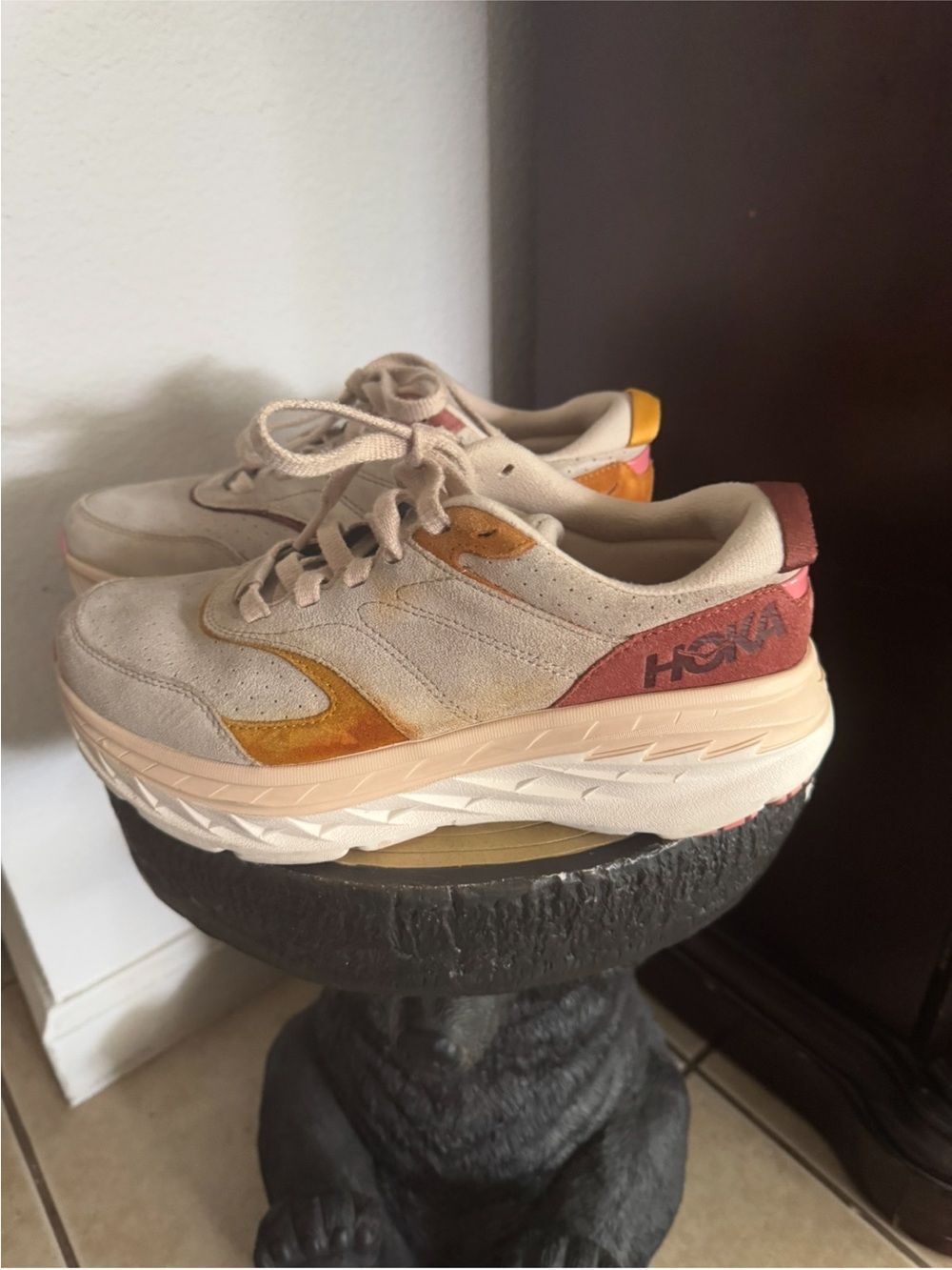 Hoka Beige Suede Sneakers with Orange and Rust Accents